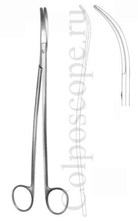 Ножницы вертикально-изогнутые для рассечения мягких тканей и сосудов с изогнутыми ручками по Сатинскому, длина 245 мм