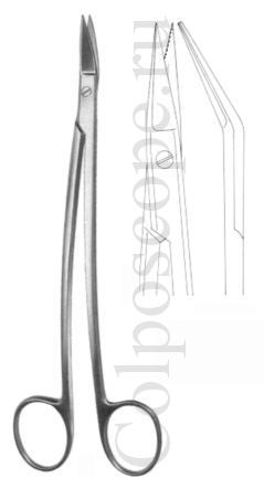 Ножницы вертикально-изогнутые остроконечные с изогнутыми ручками оториноларингологические (с одним зубчатым лезвием) по Дену, длина 170 мм