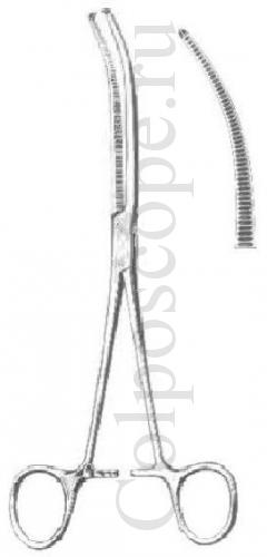 Зажим кровоостанавливающий типа Кохер зубчатый 1 х 2 зубый изогнутый, длина 260 мм