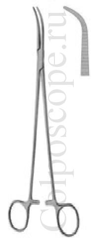 Зажим-диссектор по Оверхольту вертикально-изогнутый с прямыми ручками длина 270 мм