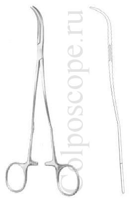 Зажим-диссектор по Оверхольту вертикально-изогнутый с изонутыми ручками длина 270 мм